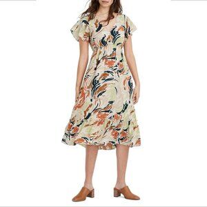 Madewell Flutter Sleeve Ruffle floral ivory Midi Dress v-neck tan green new 10
